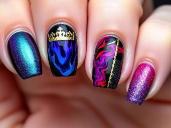 THUMB (Galaxy Crown)    🌌 Purple/Blue/Black blend    👑 Gold crown + rhinestones  INDEX (Blue Flame)    🔵 Electric blue chrome    🔥 Neon flame tips  MIDDLE (Magic Smoke)    🟣 Deep purple base    💨 Pink/purple smoke swirls + foil  RING (Edgy Panels)    ⚫ Black base    🔺 Red + purple color blocking    ✨ Gold striping + 🍎 detail  PINKY (Glitter Fade)    ⚫→🟣 Black to purple glitter ombré    ✨ Tiny sparkles/stars
