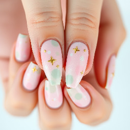 Macro photography of a beautiful manicure on a hand model. Long almond nails. The design features a dreamy pastel pink and sage green color palette. The base has a subtle pink micro-dot pattern. The art consists of soft, blurry airbrushed stars in sage and pink, layered with delicate, ultra-fine metallic gold outlined stars. The center of each hand features a dainty, thin-lined white outlined bow. Ultra-glossy gel finish, clean aesthetic, soft studio lighting.