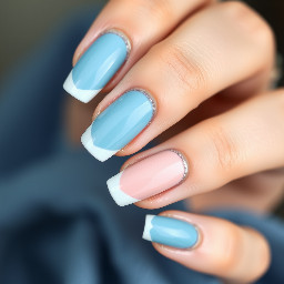 Sky blue, French tip, summer, almond shaped
