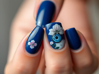 I want navy blue color french tip on all . Evil eye on ring finger.Add flowers of gel. Add details with silver lines or dots
