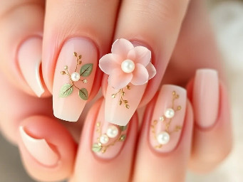 Elegant bridal nail set, short to medium almond shape. Sheer champagne milky base on all nails with a soft glossy finish. Color palette includes blush pink, sage green, warm bronze gold, and pearl accents.  Design should be cohesive, not all nails identical — 2–3 nails share similar designs with subtle variations.  Include:  One or two statement nails with a soft 3D or sculpted blush flower, translucent organza-style petals, pearl center with tiny crystals Several nails with delicate botanical vines, thin bronze/gold lines with sage green leaves, fine and airy Several nails with sheer layered blush petals, translucent and soft, mimicking fabric folds One or two minimal nails with small pearl clusters or single pearls  Style is romantic, airy, floral, inspired by embroidered wedding dress appliqué. Keep details delicate, not bold or graphic. Light, dimensional, soft luxury aesthetic.