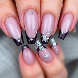 Long almond nails, dark purple modern French tip, with chrome silver stars and rhinestones
