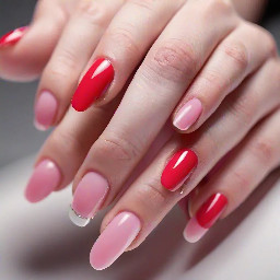 Red pointer finer nail, pinky nail and thumb nail. Light pink middle finger nail and ring finger nail. Red sideways tip on middle finger nail and finger finger nail