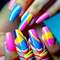 Nail design with pink blue and yellow colors curved tip not that long