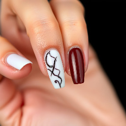 marron nails that say luray in marroon whit and black