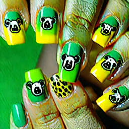 Generate an image of a nail design, all 10 nails, for an Australian trip inspo. Unify the nails with Australia's national colors of green and yellow in the background - ombre, standalone. Each nail should feature a distinctly Australian element - a koala, the clownfish, boomerang, coral (from the great barrier reef), etc. you can mix 3D elements and painted elements, but favor 3D where possible.