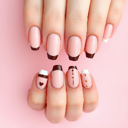 Create ONE complete press-on nail set of 10 individual nails, displayed separately in two neat rows of five on a soft blush pink background, like a Pinterest nail artist inspiration photo.  The set is a glossy short-to-medium almond shape. The base is sheer pink/neutral. Use a mix of chocolate brown and white French tips, tiny brown and white polka dots, and a few subtle gold accents. Include one or two nails with a delicate brown outline French, one with a small brown heart, and one with a simple brown-and-white dot pattern.  The overall look is preppy, feminine, clean, and elevated, like a cute teenage girl’s Pinterest manicure. Keep the designs coordinated but not identical. No flowers on every nail. No butterflies, rainbows, smiley faces, cartoon characters, bright green, or childish graphics. No hands, no fingers, no text, no watermark. Make the nails look like real press-on tips that an intermediate nail tech could recreate.