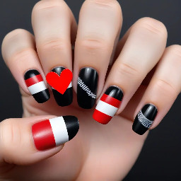 Long nails, about 8cm, Black, Sharp shape, There are three mini paper boats on the thumb,There are two Austrian flags on the index finger (red, white, red), The middle fingernail has the word JJ written on it, and the ring finger has three wavy white lines drawn on a black background, representing the sea and another boat.On the little finger it says "Wasted Love" and next to it is a little red heart.So we have 3 colors in total - black for the background, white for writing, and red just for the flags and heart.