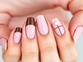 Long almond nails  Thumb finger light pink base with espresso brown tip & tiny light pink polka dots in the brown french tip  Index finger light pink base with modified espresso brown french tip, instead of a full tip it's 2 brown stripes with space at the top of the nail   Middle finger is light pink base with espresso brown solid 4 point star centered in the nail   Ring finger is light pink base with espresso brown french tip, a baby pink solid 4 point star on the edge of the tip with a small pearl next to it   Pinky finger light pink base with 3 thin verticle espresso brown stripes