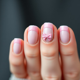 almond pastel pink french tip nails with a rouge pink bow on the ring finger