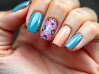 create a press on nail set using these Hex colors #C3E6E1 , #00FFEF , #FF889E , #FDB9C7 .