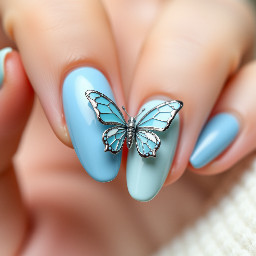 Create an almond pastel blue with white and a 3d butterfly on the ring finger
