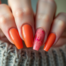 ongles longs en amandes, couleurs orange et rose pop, élégants mais girly