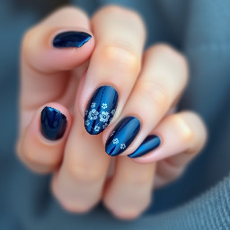 Dark blue chrome almond nails with some simple floral design
