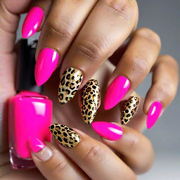 medium length almond nails. I want hot pink to be the main color and for there to be gold accents. I like the nails that have almost like rings on part of the nail and i like cheetah print