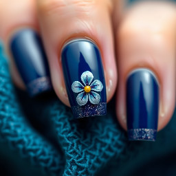 navy blue bit of crome and french tips with a simple flower for summer and acrilic