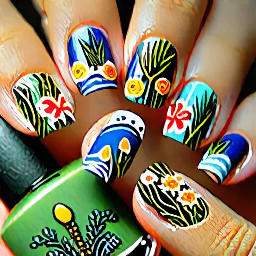 Nail design featuring hand painted scandanavian folk art, coastal/marsh themes with flowers, plants, marshy water and animals