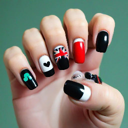 Left hand - thumb: uk flag  -pointer: black nail w white circle and black number 8 in it -middle: red and blue thick strips -ring: a medium teal nail with bold black letters spelling SWAG - a white nail with ":3" in black polish  Right hand -thumb: a yin yang french tip -pointer:a black nail w white words saying girls my swag and a red heart in between girls and my -middle: a fully line green nail with a mincraft creeper face -ring: red nail with white words saying MUSIC -pinky: white nail w black mustache  Shape: OVAL or square