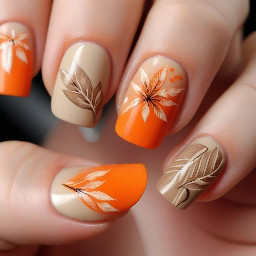 Je veux que mon pouce et mon petit doigt reste orange comme base peut-être avec des petites décorations dessus, collées ou des feuilles argentées pour les trois doigts du milieu, je veux qu’ils y restent avec une base beige et chacun du nail art par-dessus peut-être un qui reste complètement beige et juste que je colle quelque chose dessus, peut-être avec des vagues peut-être avec une French ou des dessins je sais pas trop