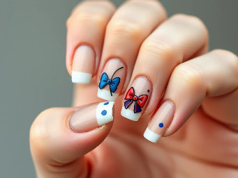 Almond nude nails with french tip basketball and red and blue solids bows and polka dots