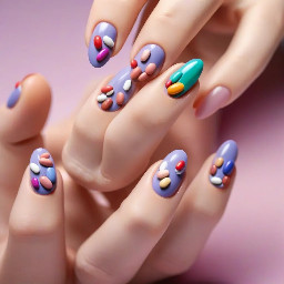 medium length almond shaped nails with a pharmacy theme with pills or capsules