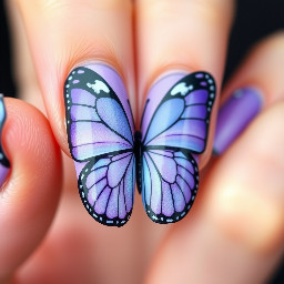 Lavender butterfly wings painted on only the tips of the nails. The rest of the nails are clear coated.