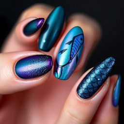 Close-up photo of medium length almond shaped nails, each nail uniquely designed with a deep ocean fantasy and dark villain theme. Color palette is dark tones featuring aqua, teal, and purple, with pearl shimmer. Each nail has a single distinct simple motif and at most three colors — one nail should be fully covered in iridescent fish scales. No silhouette or person. Clean linework and defined shapes, not abstract painting. Glossy finish. Each nail cohesive but unique. Realistic nail photography, wearable salon nail art.