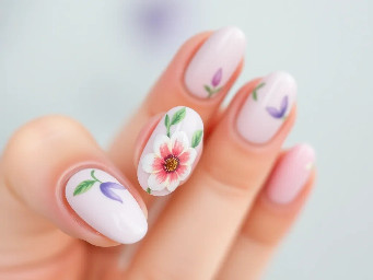 Almond nails that are pastel or neon colored with a flower pattern