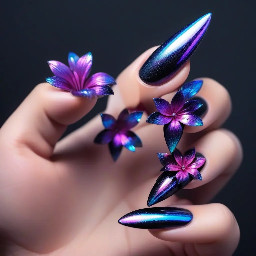Stiletto black nails with purple iridescent flower , pink iridescent flower, blue iridescent flower