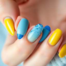 Women’s almond shape nails in yellow and different shades of blue in a water look