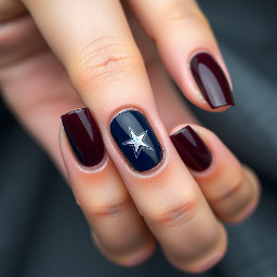 Dark maroon nails with navy blue ring finger with white star outline
