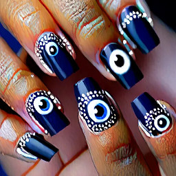 I want navy blue color french tip on all . Evil eye theme at least one of them has it. Add flowers of gel. Add details with silver lines or dots