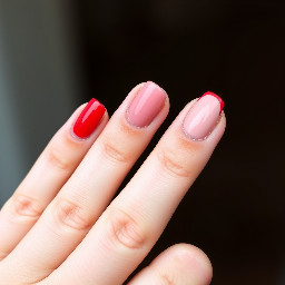 Red pointer finer nail, pinky nail and thumb nail. Light pink middle finger nail and ring finger nail. Red sideways tip on middle finger nail and finger finger nail