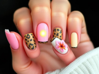 Nail Shape  Almond  Color Palette  Baby pink  Soft pastel yellow  Creamy white  Nude/blush base  Brown/black leopard accents Left Hand  Thumb – Light baby pink shell/ribbed texture nail.  Index – Aura ombré: pink → yellow  pink center glow  fades outward into yellow.  Middle – Nude/blush base with leopard French tip.  Ring – Creamy white base with pink hibiscus flower.  Pinky – Aura ombré: yellow → pink  yellow center glow fades outward into pink. Right Hand  Thumb – Light yellow shell/ribbed texture nail.  Index – Aura ombré: yellow → pink.  Middle – Creamy white base with pink hibiscus flower.  Ring – Nude/blush base with leopard French tip.  Pinky – Aura ombré: pink → yellow. What the ombré should look like  Pink → Yellow: soft pink glow center fading into pastel yellow.  Yellow → Pink: warm yellow glow center fading into baby pink.  Very soft blended “aura” circle, not a harsh gradient.