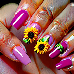 small raspberry on the middle finger, sunflower on the ring finger. light and breezy colours as the base and a couple french tips