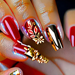 short almnd nail with some red cateye and some blooming gel nail and gold accent