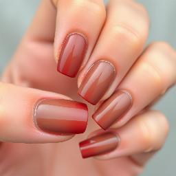 Short square cherry mocha nails with glossy finish.