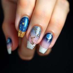 Short almond nails with the colors blue, gold, and white. French tip design, glitter on one of the fingers, constellations, stars, and moons.