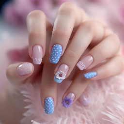 So I want my pinky finger on the left hand to be plain baby pink then I want the next finger to be a frilly French tip like the blue one above then I want the middle finger to be plain light purple then the index finger to be polka dotted with see through kinda skin tone base and pink polka dots and the thumb to be plain light blue. Then on on the right hand I want the thumb to be plain light purple then the index finger a light pink base with a honeybee like the one above with the flowers then I want the middle finger plain light blue and then I want the next finger I think it’s called ring finger I want that with a skin colour see through kinda base and blue polka dots then the pinky can be plain light pink
