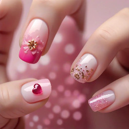 I want the thumb to have a milky pink base with an acrylic flower on it with a gem in the middle, the index fingered have a sheer nude base with a light pink French tip and tiny pink dots along the smile line, I want the middle to be solid pink base with a chrome on it, the ring to have an ombre pink to light pink effect with gold flakes on it near the cuticle and the thumb with mini pink hearts in a bunch of different light colored pink colors