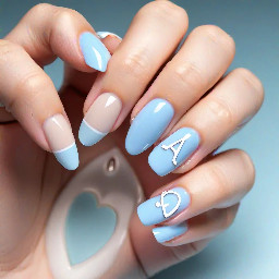 • Pinky finger: Solid glossy pastel light blue nail polish. • Ring finger: A semi-sheer milky nude base featuring a delicate, elegant cursive capital letter 'A' smoothly integrated into a hand-drawn white heart outline silhouette. • Middle finger: A classic French manicure featuring a clean, crisp pastel light blue tip over a milky nude base. • Index finger: Solid glossy pastel light blue nail polish. • Thumb: A milky nude base accented with a pastel light blue abstract corner tip.
