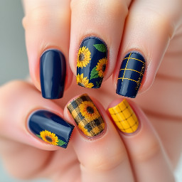September nails, sunflowers and navy French tips with some nails navy and yellow plaid