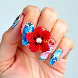 medium-long almond nails, 1-2 nails have a bright colored 3d hibiscus flower with pearl in the middle, other nails are ocean/cruise themed, all bright colors and all different designs