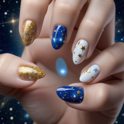 Short almond nails with the colors blue, gold, and white. French tip design, glitter on one of the fingers, constellations, stars, and moons.
