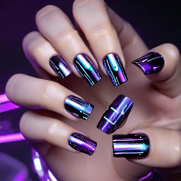 Chunky square nails,liquid chrome silver finish,holographic deep purple accents, glowing LED cyber line details, futuristic style.