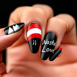 Long nails, about 8cm, Black, Sharp shape, There are three mini paper boats on the thumb,There are two Austrian flags on the index finger (red, white, red), The middle fingernail has the word JJ written on it, and the ring finger has three wavy white lines drawn on a black background, representing the sea and another boat.On the little finger it says "Wasted Love" and next to it is a little red heart.So we have 3 colors in total - black for the background, white for writing, and red just for the flags and heart.