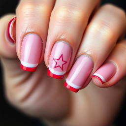 Red french tips with one bright pink star
