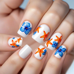 short white square nails with small blue hibiscus flowers in the corner and an orange star fish