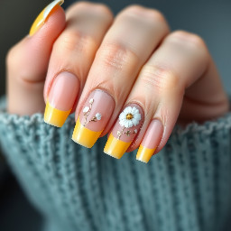 nude nail, yellow French tips, white flower design