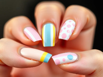 Easter pastel pink yellow blue stripes, polka dots, French tips